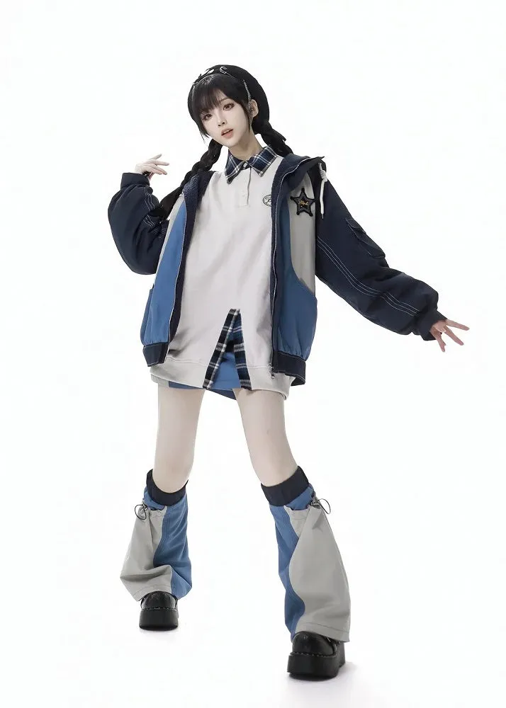Blue&White Colorblock Design Drawstring Leg Warmers
