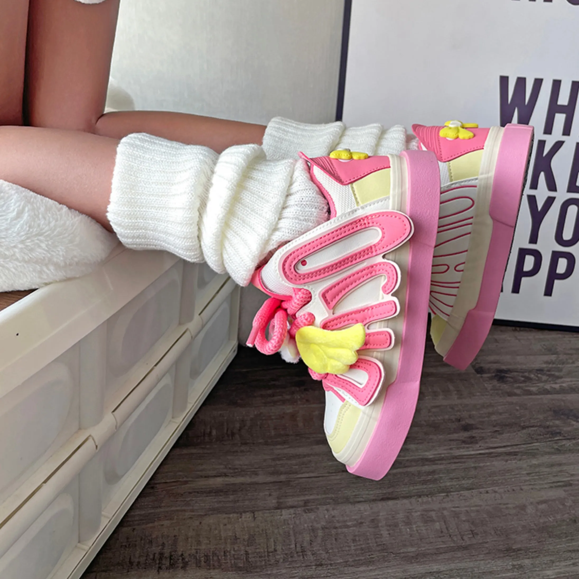 Cartoon Wings Letters Platform Colorblock Sneakers