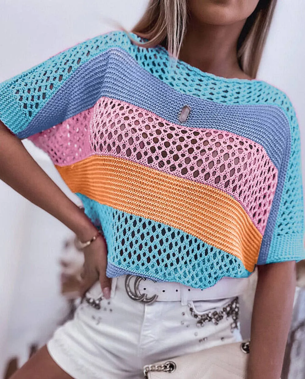 Colorblock Crochet Knit Top