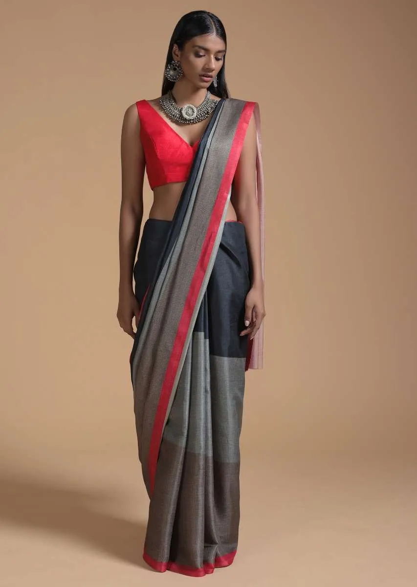 Green And Black Saree In Silk With Color-Blocked Print Online - Kalki Fashion