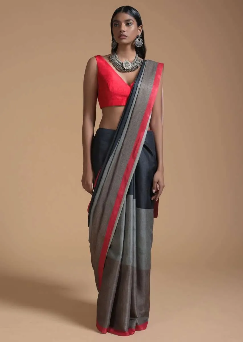 Green And Black Saree In Silk With Color-Blocked Print Online - Kalki Fashion
