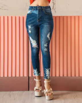 Jeans High Rise Skinny Dark Destroyed