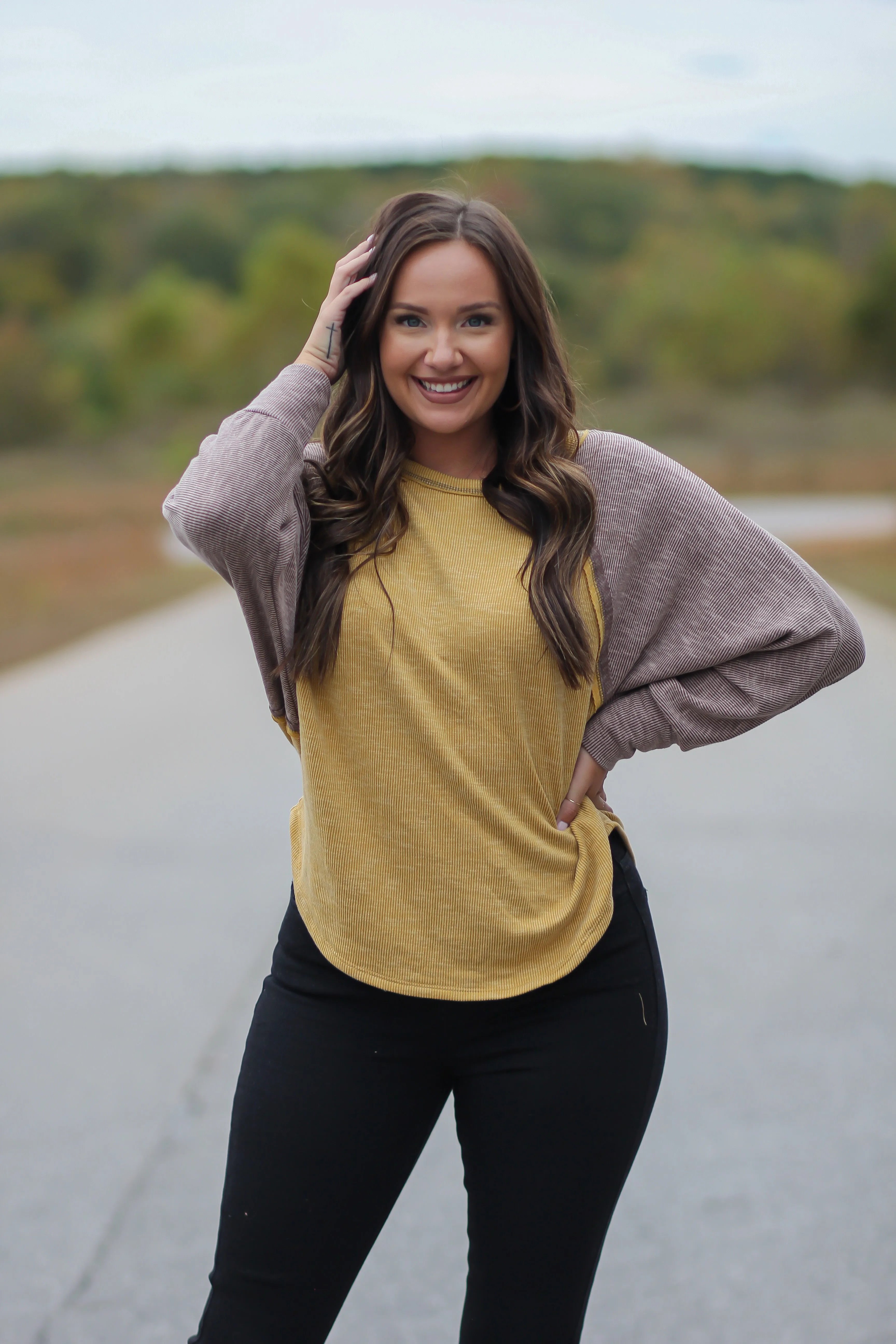 Mocha & Mustard Colorblock Ribbed Knit Top