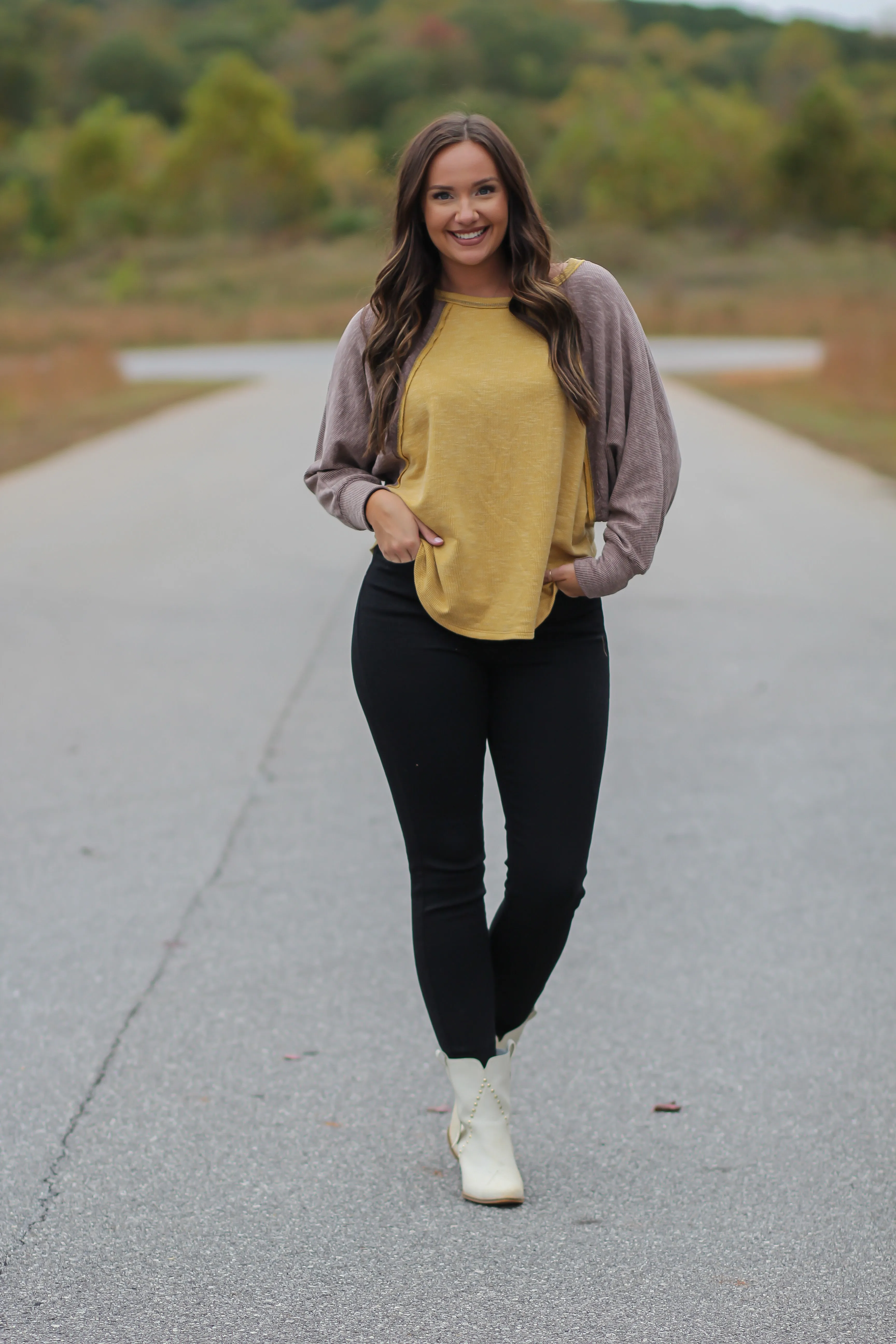 Mocha & Mustard Colorblock Ribbed Knit Top