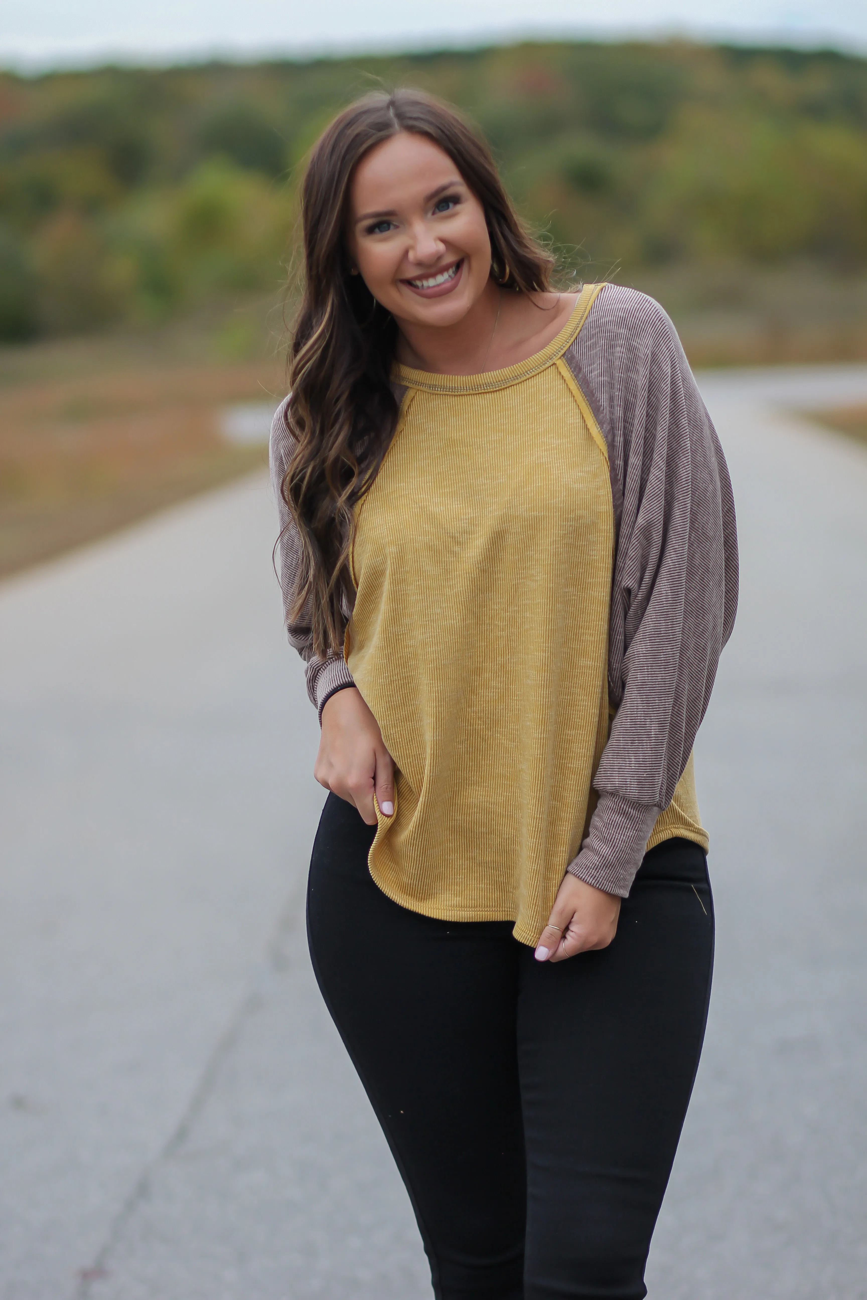 Mocha & Mustard Colorblock Ribbed Knit Top