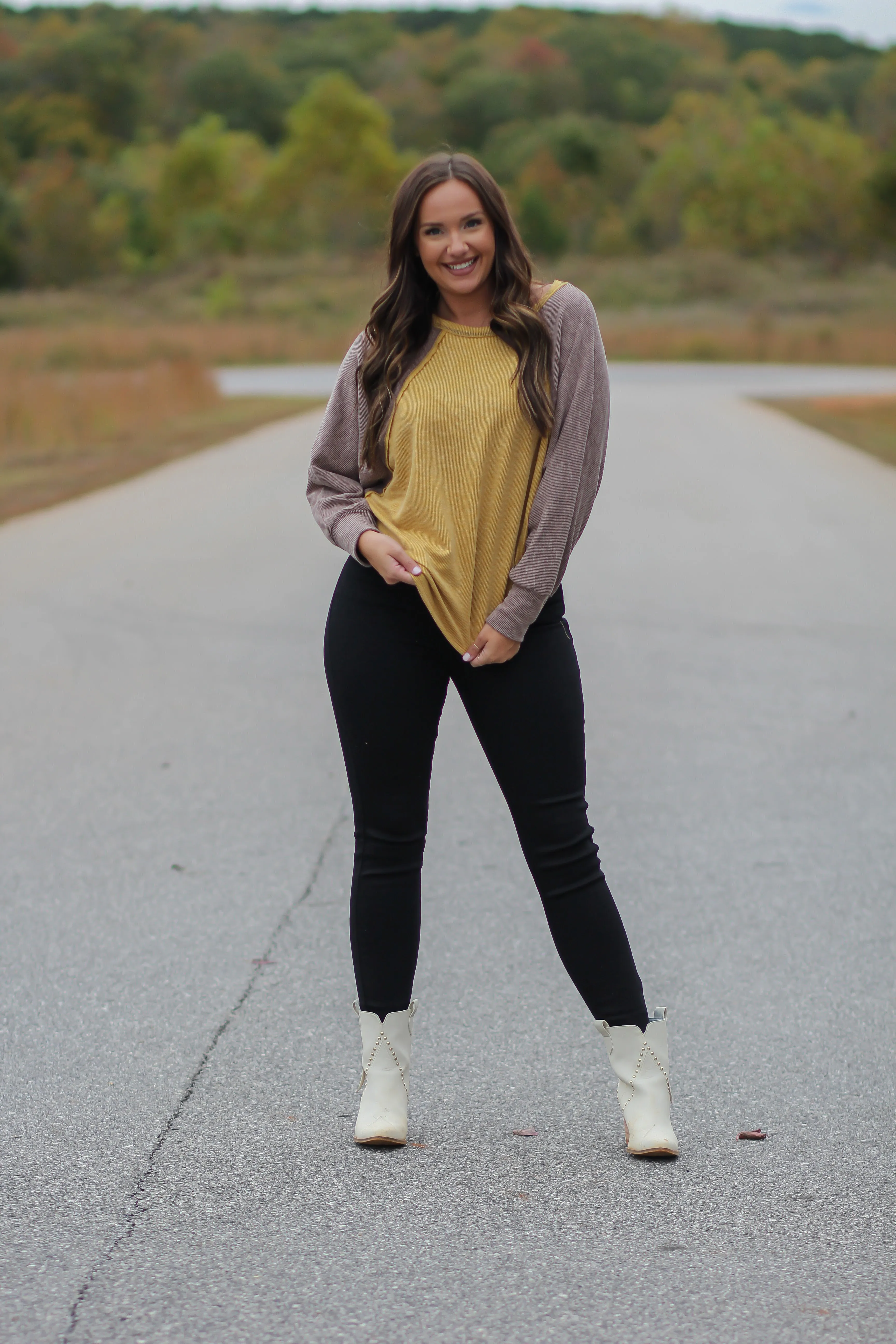 Mocha & Mustard Colorblock Ribbed Knit Top