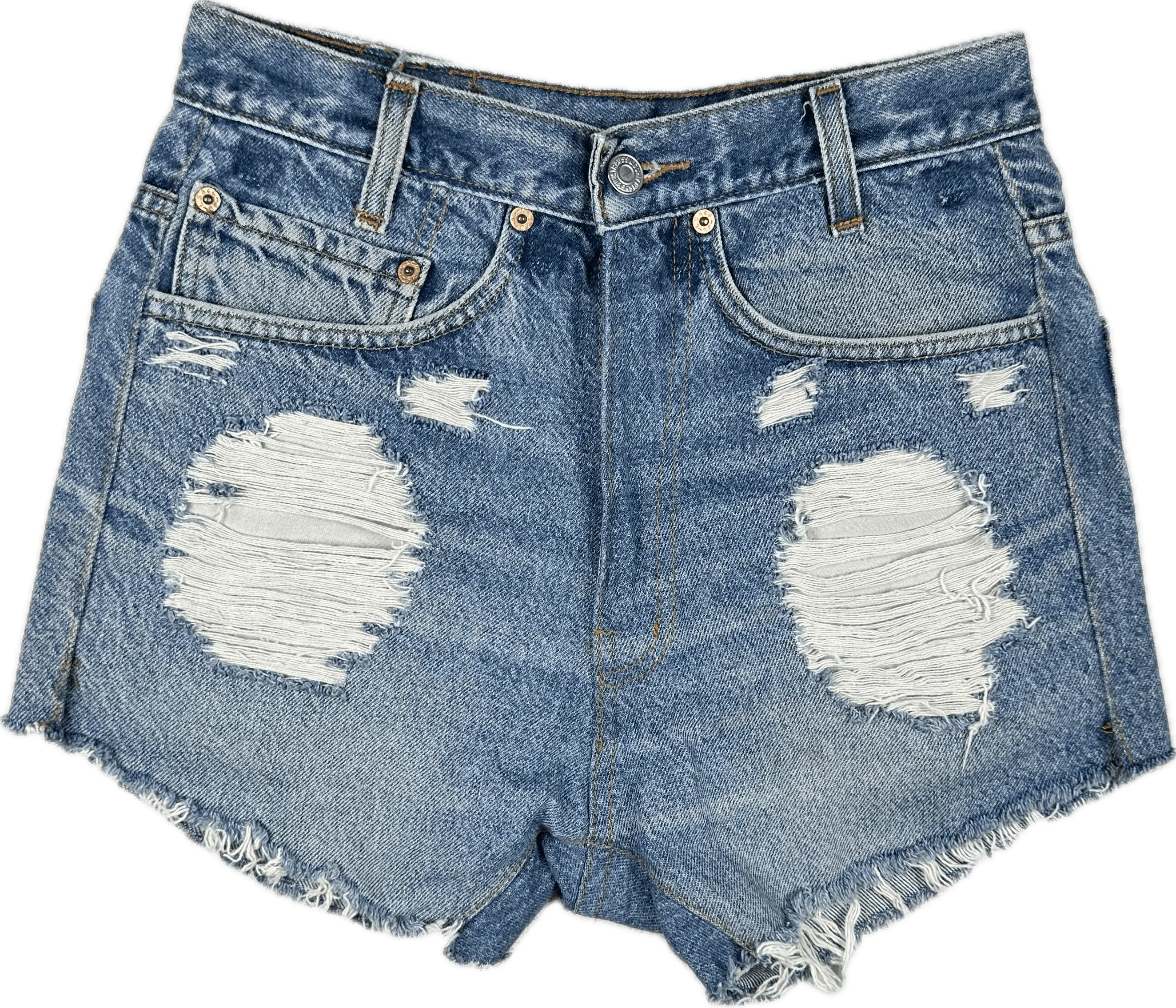 Reworked Levis Ladies High Rise Destroyed Denim Shorts - Size 26"