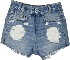 Reworked Levis Ladies High Rise Destroyed Denim Shorts - Size 26"