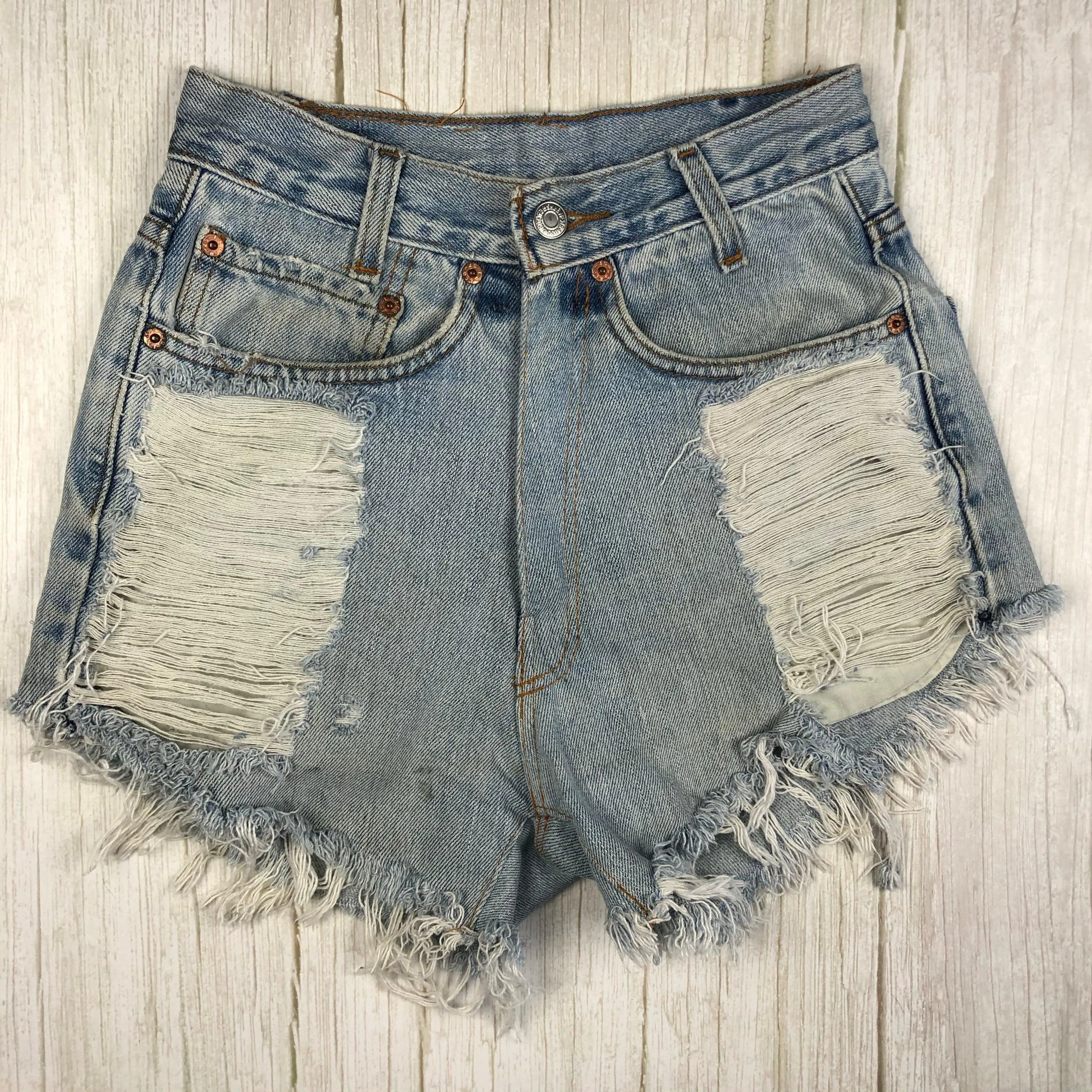 Reworked Levis Ladies High Rise Destroyed Denim Shorts - Size 8