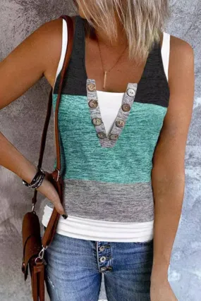 V Neck Button Colorblock Tank Top