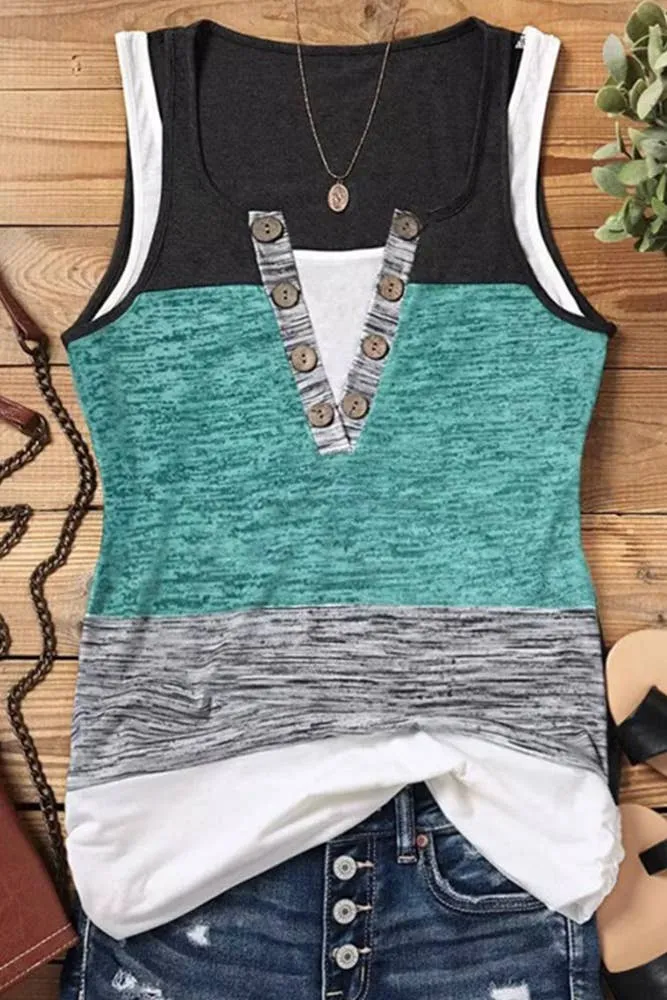 V Neck Button Colorblock Tank Top