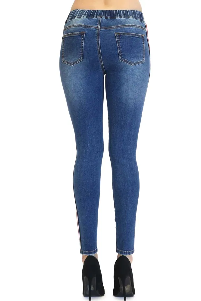 Women's Ripped Denim Jogger with Stripe