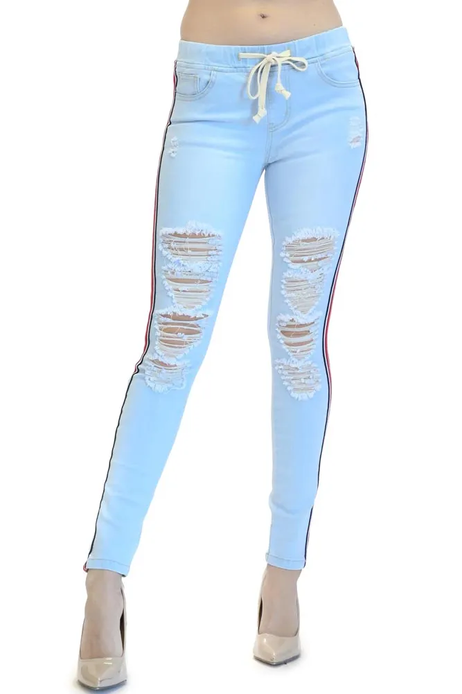 Women's Ripped Denim Jogger with Stripe
