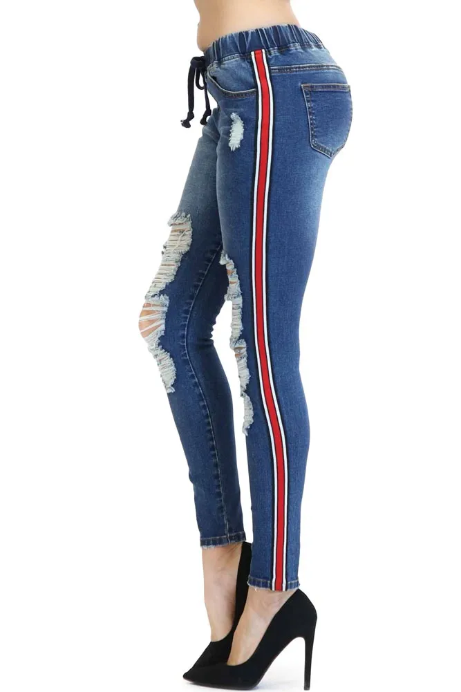 Women's Ripped Denim Jogger with Stripe