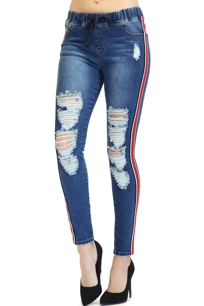 Women's Ripped Denim Jogger with Stripe